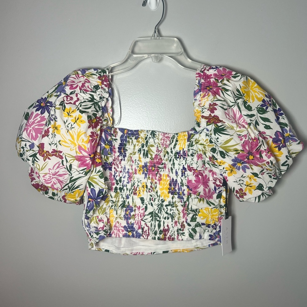 ASTR The Label NEW Lin Floral Square Neck Puff Sleeve Crop Top Sz M *Flaw - Picture 5 of 7